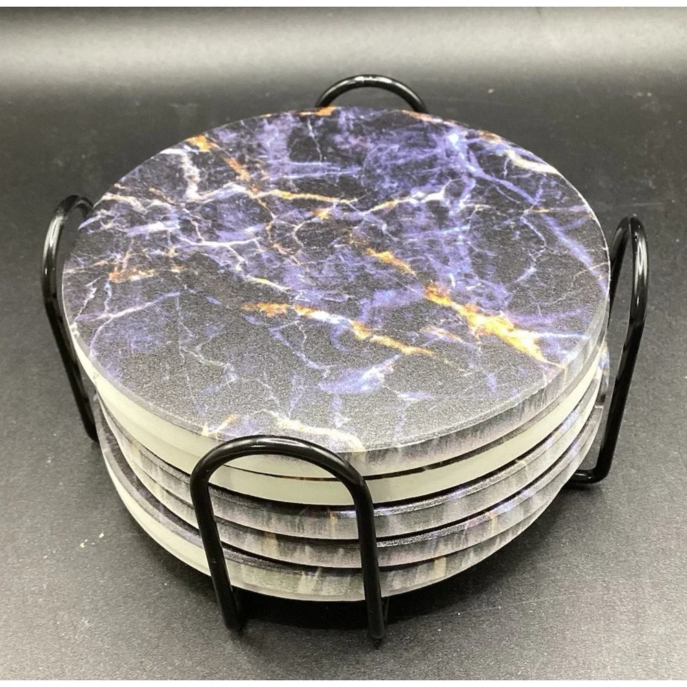 Absorbent Coasters Ceramic Set of 6 with Black Marble‎ Cork Backing w/ Holder